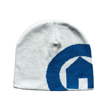 White and Blue Emblem Beanie