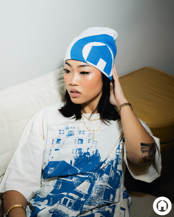 H1LL HOUSE White and Blue Emblem Beanie